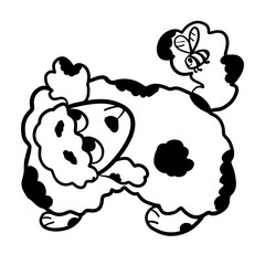 Cute friendship, fluffy big dog playing with little funny bee on her tail, black outline
