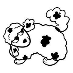 Funny fluffy dog ​​with flower shaped spots looking at butterfly sitting on her tail, black outline