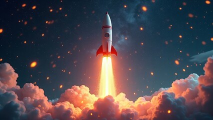 Space rocket launching amidst dramatic night sky and glowing clouds