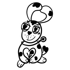 dog in love holding a flower in his paws, all in the shape of a heart, black outline