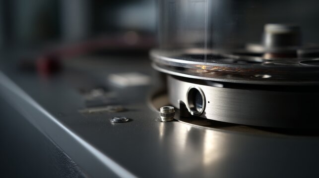 Close-up of a reel-to-reel tape machine highlighting its precise engineering and retro allure.
