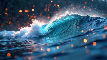 Dynamic ocean wave with sparkling bokeh lights at sunset