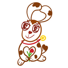 cute puppy like a hare waiting for a date with a flower in his paws, romantic and with hearts all over
