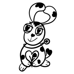 cute puppy like a hare waiting for a date with a flower in his paws, romantic and with hearts all over, black outline