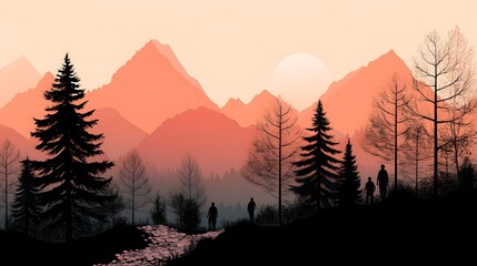 Digital illustration of majestic mountains under a pink sky, with silhouetted trees and figures along a path.
