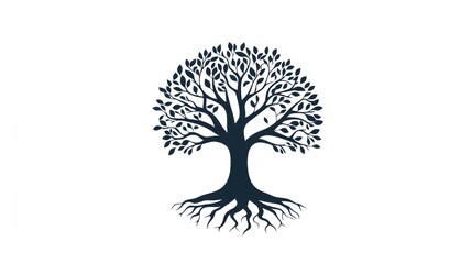 Naklejka premium Digital illustration of a stylized, black silhouette tree with extensive roots and numerous leaves.