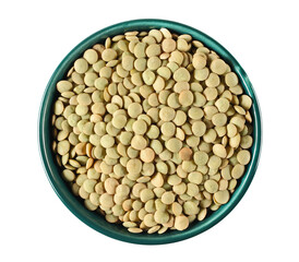 green lentils in bowl isolated on white background, top view