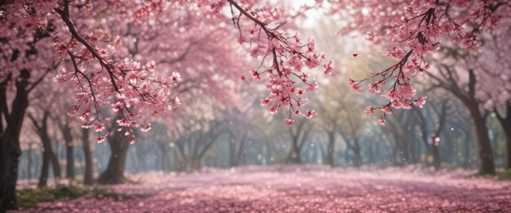 Delicate pink sakura petals drift against a bokeh of blossoming cherry trees ,  bloom,  trees,  tranquil