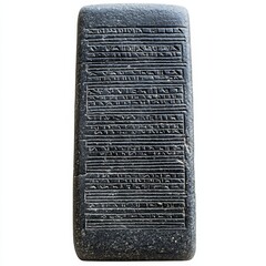 Ancient stone tablet with cuneiform inscriptions isolated on white background, detailed carving of historical script from Mesopotamian civilization, archeology artifact and cultural heritage object