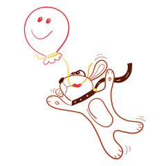 happy dog ​​flying on hot air balloon smiling 