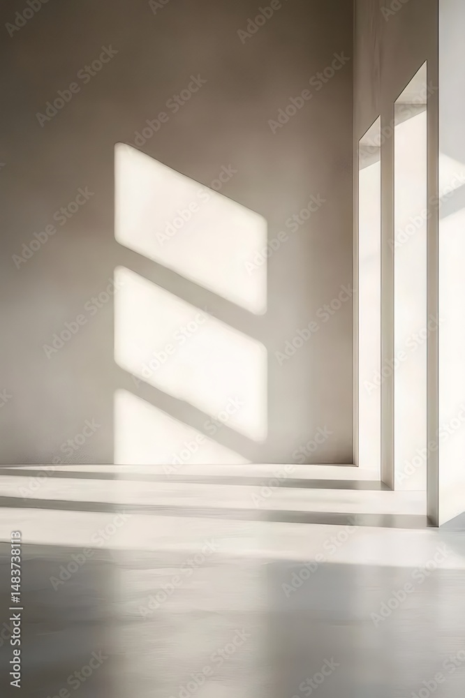 Poster ミニマリストのインテリアの白い部屋に差し込む強い太陽光と影 静かな建築デザインの背景