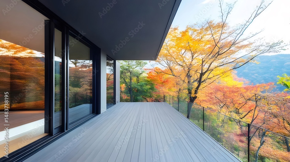 Aufkleber テラスから眺める鮮やかな紅葉の秋の風景 モダンな建築デザインと自然が調和した日本の家 秋の山々の美しい景色と静けさ