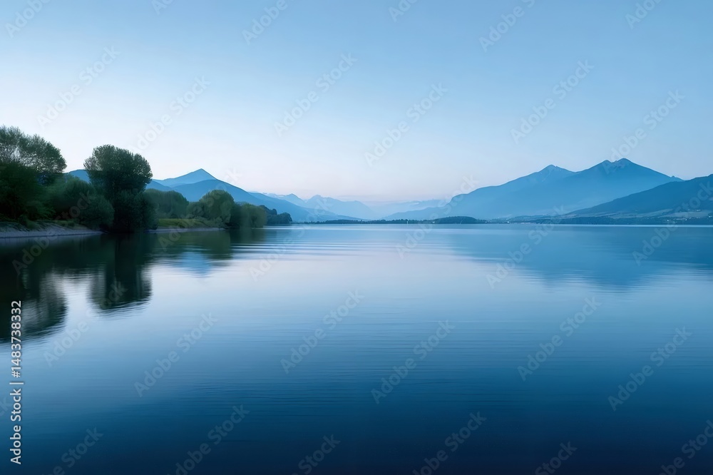 Aufkleber 穏やかな湖面に映る山々と木々のリフレクション 夕暮れ時の静寂に包まれた美しい風景 アルプスの山々を望むヨーロッパの湖畔の景色