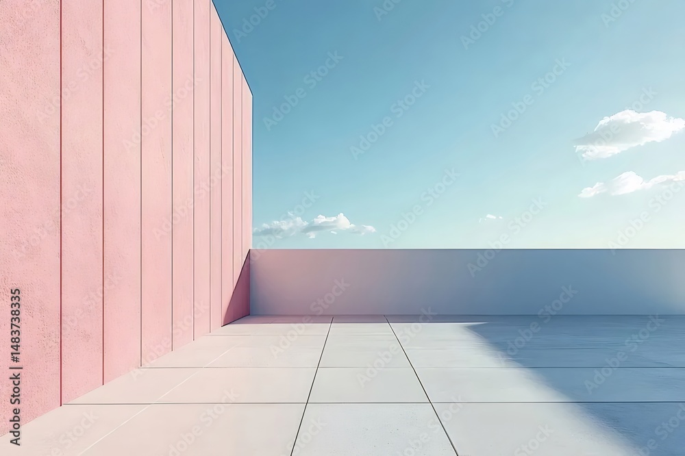 Poster パステルピンクの壁と青空のミニマルな幾何学的デザイン 現代的な建築の背景にコンクリートの床と白い壁を持つ屋外の抽象的なシーン