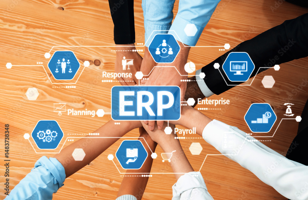 Poster A dynamic visual showcasing teamwork in a business environment, emphasizing collaboration for effective ERP implementation with digital workflow elements highlighting core functions. Amity