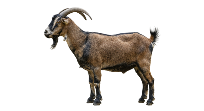 A brown goat standing with horns and a beard on a black background looking to the left side view