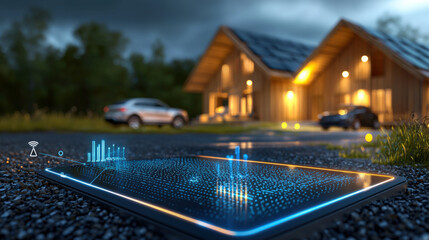 Innovative smart home technology integration suburban neighborhood digital art evening setting ground view future living concepts