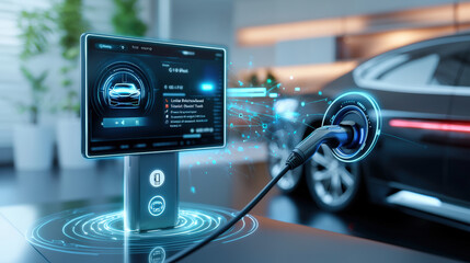 Electric vehicle charging station interface modern showroom digital display automotive environment close-up view innovative technology