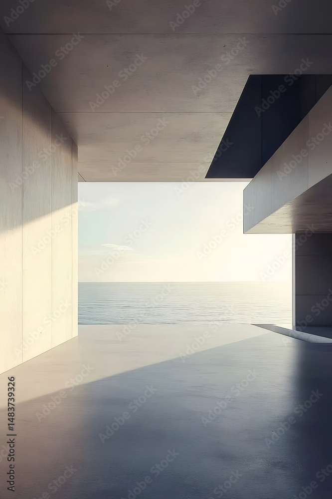 Poster 穏やかな海に面したコンクリート構造のミニマリスト建築 エレガントな幾何学的デザインとコンクリートのテクスチャが特徴の屋外空間