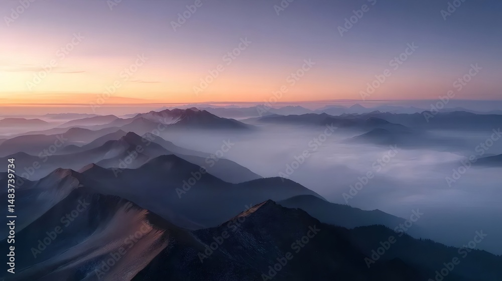 Aufkleber 紫の空と朝焼けの中の霧に包まれた山の頂上からの航空写真による魅惑的な眺め