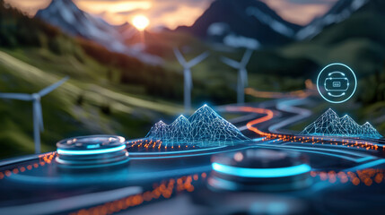 Innovative transportation solution integrating renewable energy mountainous terrain digital landscape scenic view futuristic concept