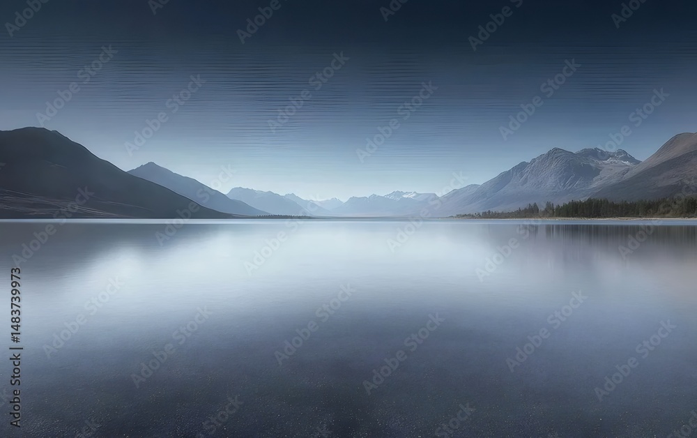 Aufkleber 穏やかな青い湖の風景 山と木々が映る静かな水の景色