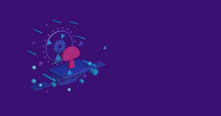 Pink mushroom symbol on a pedestal of abstract geometric shapes floating in the air. Abstract concept art with flying shapes on the left. 3d illustration on deep purple background