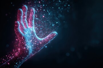 Futuristic glowing hand with sparkling particles in a mystical neon light environment