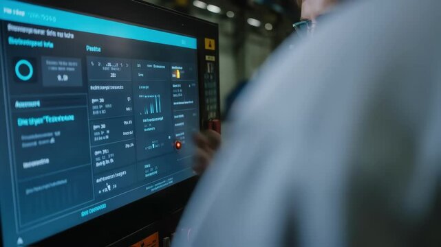 Engineers analyzing a touchscreen interface that displays predictive maintenance alerts and operational insights from the digital twin system enhancing crane reliability and safety.