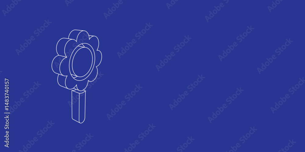 Poster the outline of a large chamomile symbol made of white lines on the left. 3d view of the object in pe