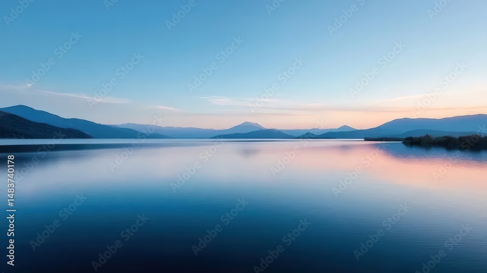 Aufkleber 穏やかな湖とピンク色の空と山々を背景にした美しい風景夕暮れ時の穏やかな水面に映るリフレクション