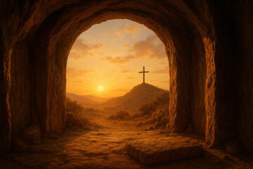 Sun setting behind a cross in a cave.