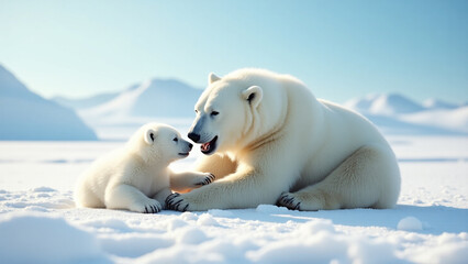 Adult polar bear playing with her cub in the snowy mountains