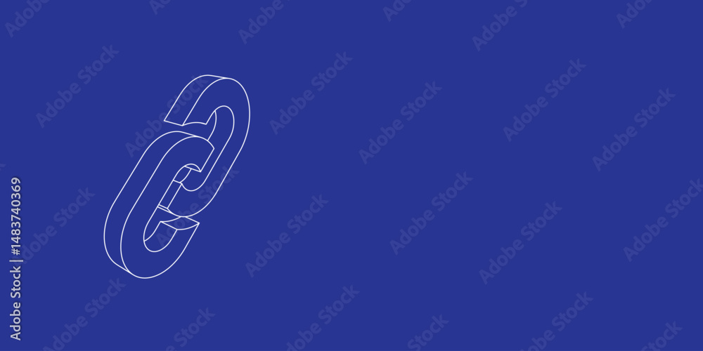 Poster the outline of a large chain symbol made of white lines on the left. 3d view of the object in perspe