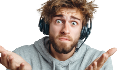 Confused man wearing headset isolated on transparent background looking at camera.