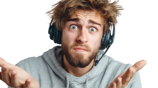 Confused man wearing headset isolated on transparent background looking at camera.