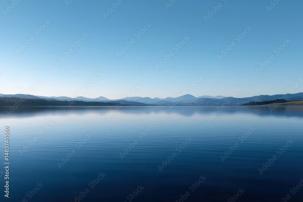 Aufkleber 穏やかな湖の青い水と空 山の景色を映す静かな水面 自然光が照らす平和な風景