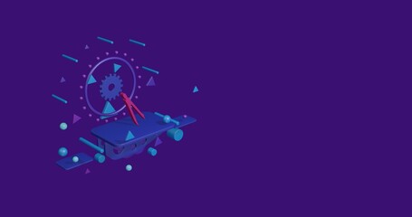 Pink compass divider on a pedestal of abstract geometric shapes floating in the air. Abstract concept art with flying shapes on the left. 3d illustration on deep purple background