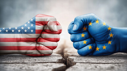  Usa and eu boxing gloves colliding, symbolizing international conflict.