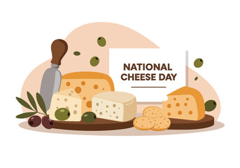 Celebrate National Cheese Day! A cheerful illustration showcases various cheeses, crackers, and olives with a knife. Bright, inviting, and perfect for food-related marketing.