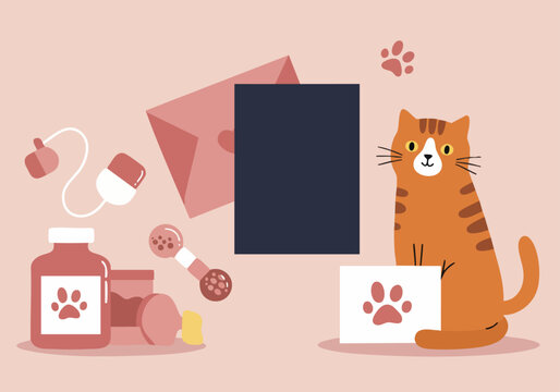 Celebrate National Cat Day! playful orange tabby cat sits amongst cat toys a yarn ball and a medicine bottle with a 'Hug Your Cat' banner Soft pastel colors and paw prints