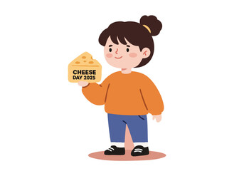 A cheerful young girl holds a cheese wedge, celebrating Cheese Day 2025.  Bright, playful illustration with a soft, modern style. Perfect for food, lifestyle, or educational content.