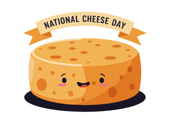 A cheerful, cartoon cheese wedge celebrates National Cheese Day! Bright colors and a cute design make this image perfect for food-related marketing and social media.  High-quality illustration.
