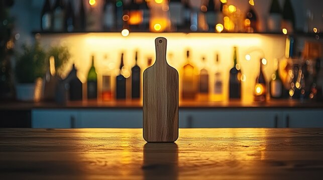 Wooden cutting board on counter in front of bar interior