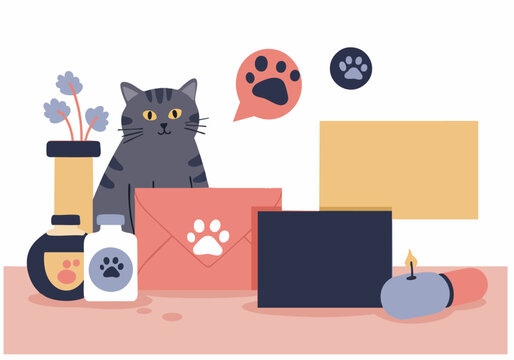 charming illustration celebrates Hug Your Cat Day! A gray cat sits on a laptop with a speech bubble saying 'Hug Your Cat Day' Floral elements and paw prints add a playful touch Bright cheerful  - Powered by Adobe