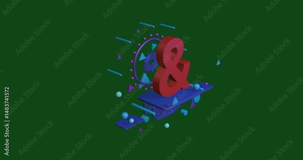 Fototapete red ampersand symbol on a pedestal of abstract geometric shapes floating in the air. abstract concep
