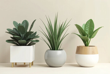 Three Stylish Potted Plants in Unique Pot Designs, Featuring a Modern White Planter with Gold Legs, a Simple Gray Round Pot, and a White-Wood Textured Pot
