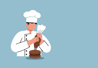 A chef in a white uniform expertly pipes chocolate onto a macaron. Celebrating Macaroon Day 2025!  Clean, modern illustration.