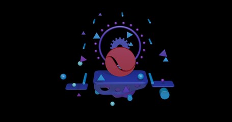 Red tennis ball on a pedestal of abstract geometric shapes floating in the air. Abstract concept art with flying shapes in the center. 3d illustration on black background