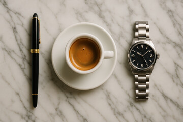 Watch and coffee cup on marble table.